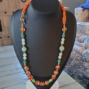 Vibrant Multicolor Orange and Light Green Beaded Hand-blown Glass Necklace